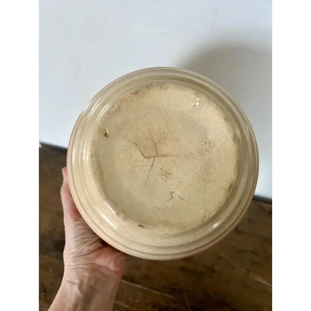 Antique Roseville Mixing Bowl | Pink Blue Stripe Pottery | Cottage Kitchen Decor